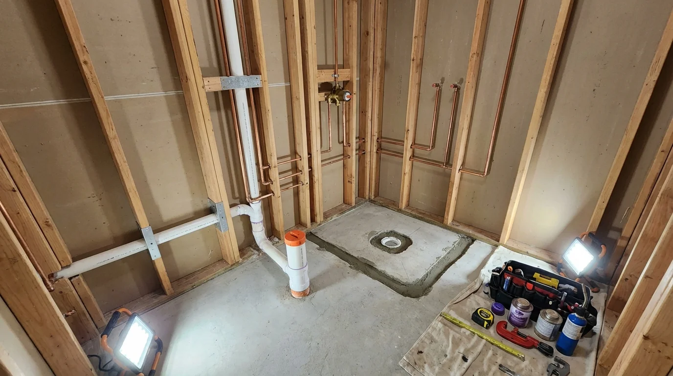 Bathroom rough-in plumbing during remodel by Johns Plumbing LLC in Providence