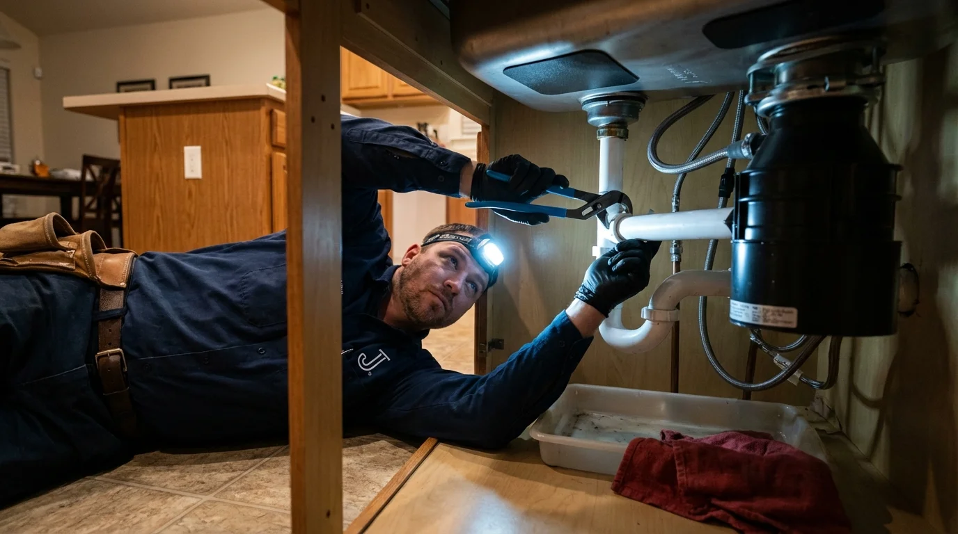 P-trap and supply line connections under a kitchen sink showing a common leak point in Providence, UT